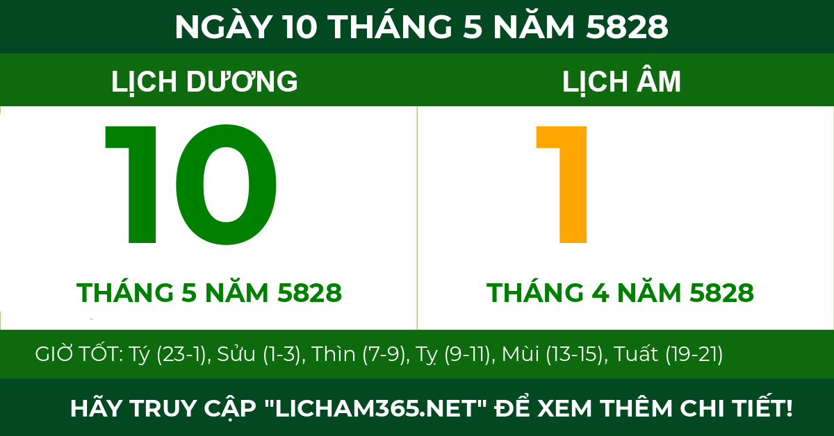 lịch âm ngày 10 tháng 5 năm 5828