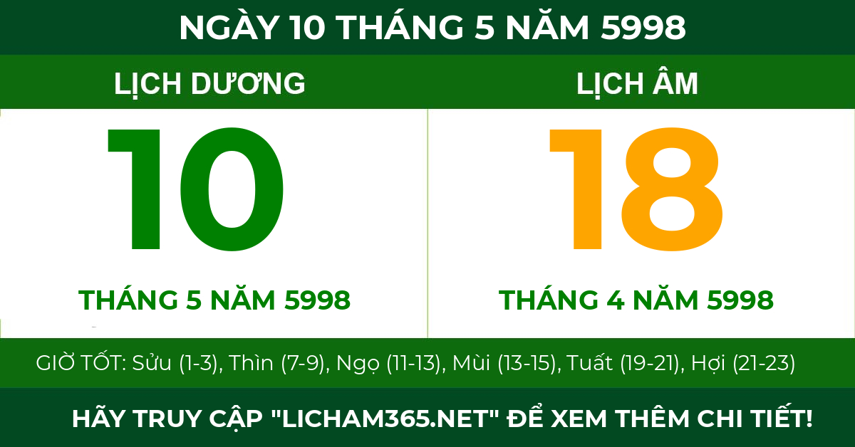 lịch âm ngày 10 tháng 5 năm 5998