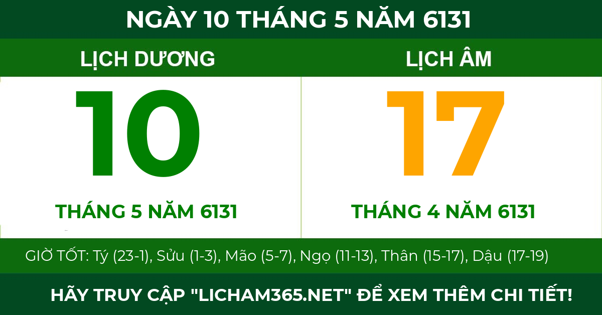 lịch âm ngày 10 tháng 5 năm 6131