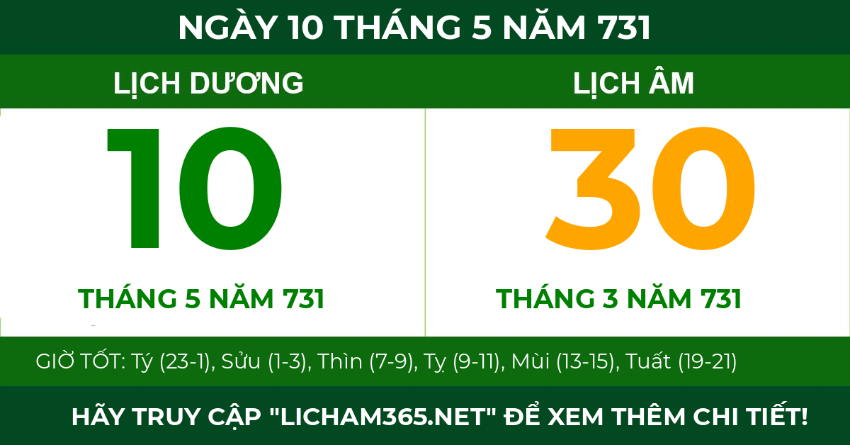 lịch âm ngày 10 tháng 5 năm 731