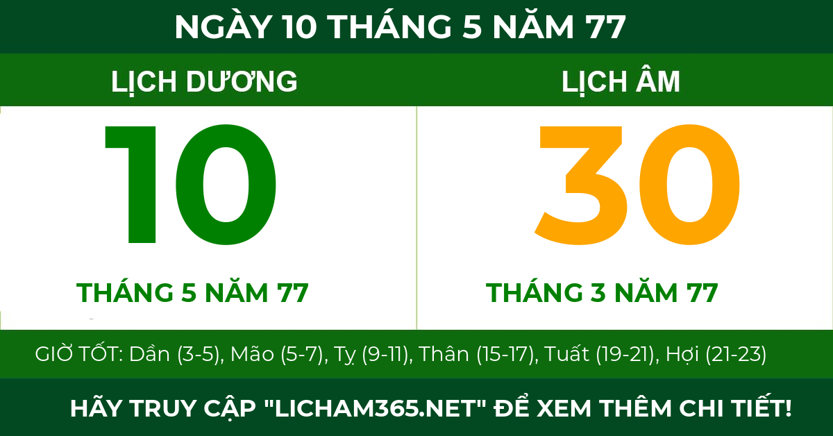 lịch âm ngày 10 tháng 5 năm 77
