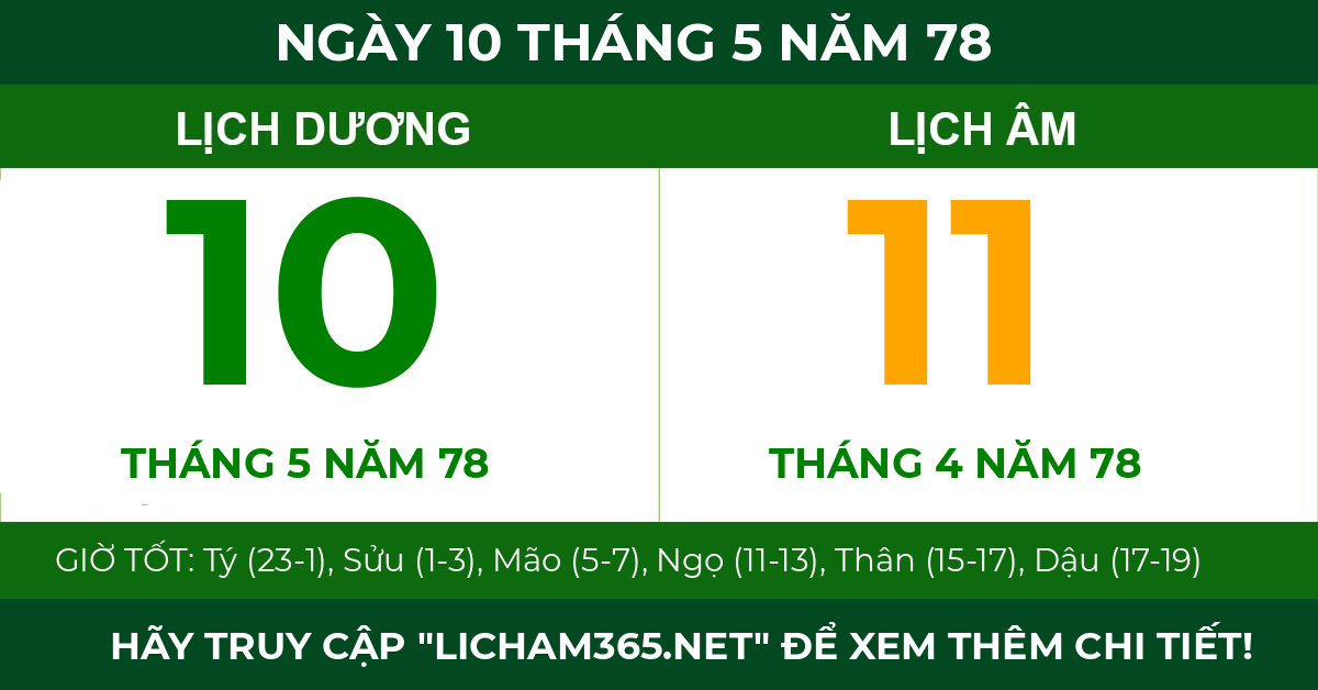 lịch âm ngày 10 tháng 5 năm 78