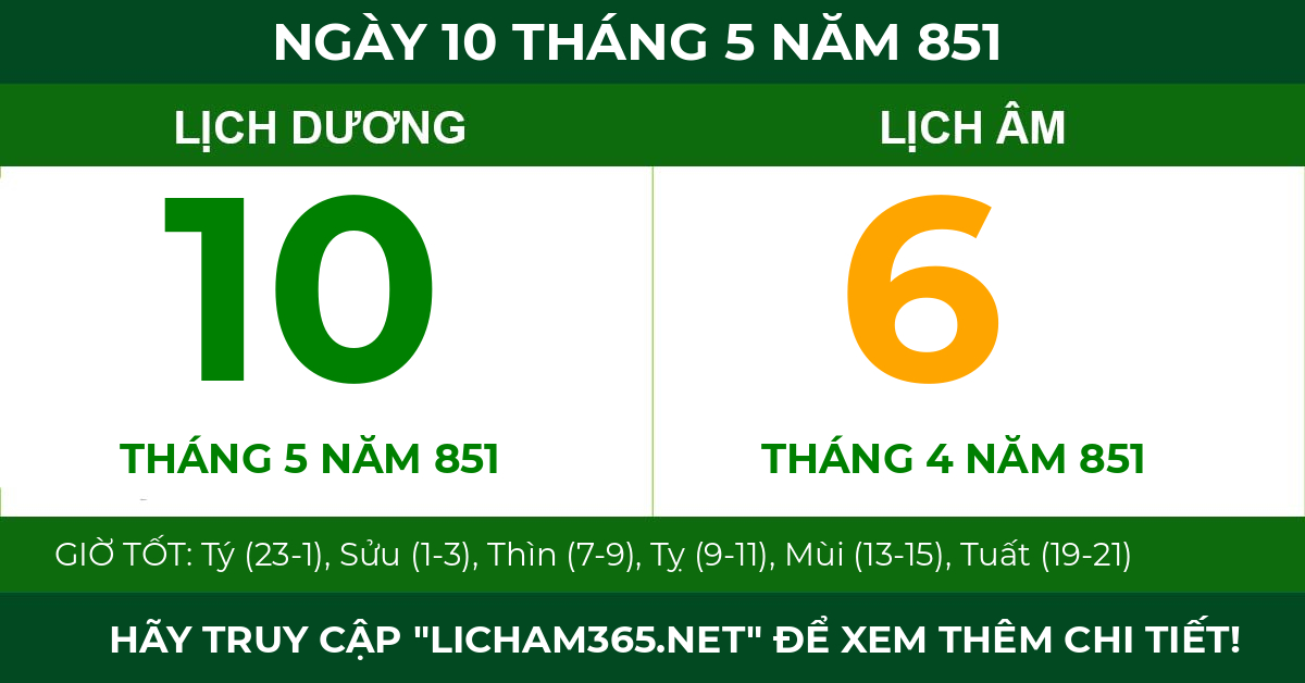 lịch âm ngày 10 tháng 5 năm 851
