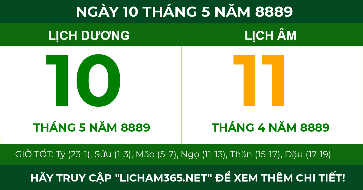 lịch âm ngày 10 tháng 5 năm 8889
