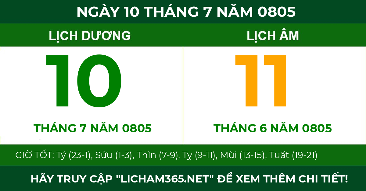 lịch âm ngày 10 tháng 7 năm 0805