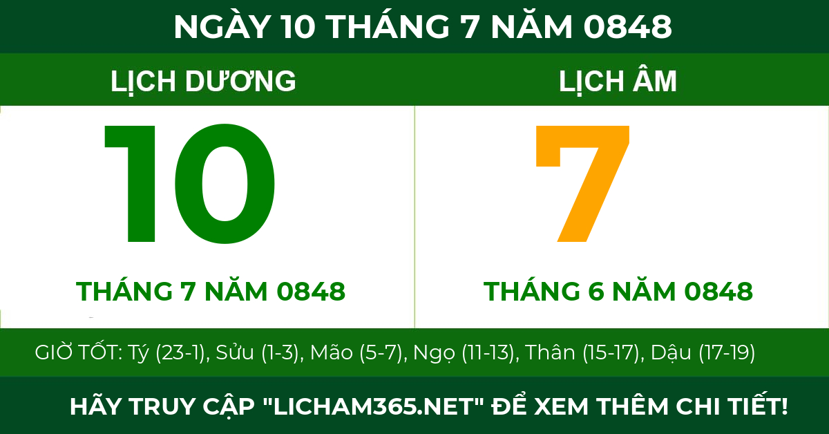 lịch âm ngày 10 tháng 7 năm 0848