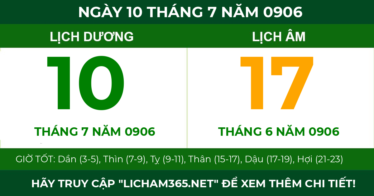 lịch âm ngày 10 tháng 7 năm 0906