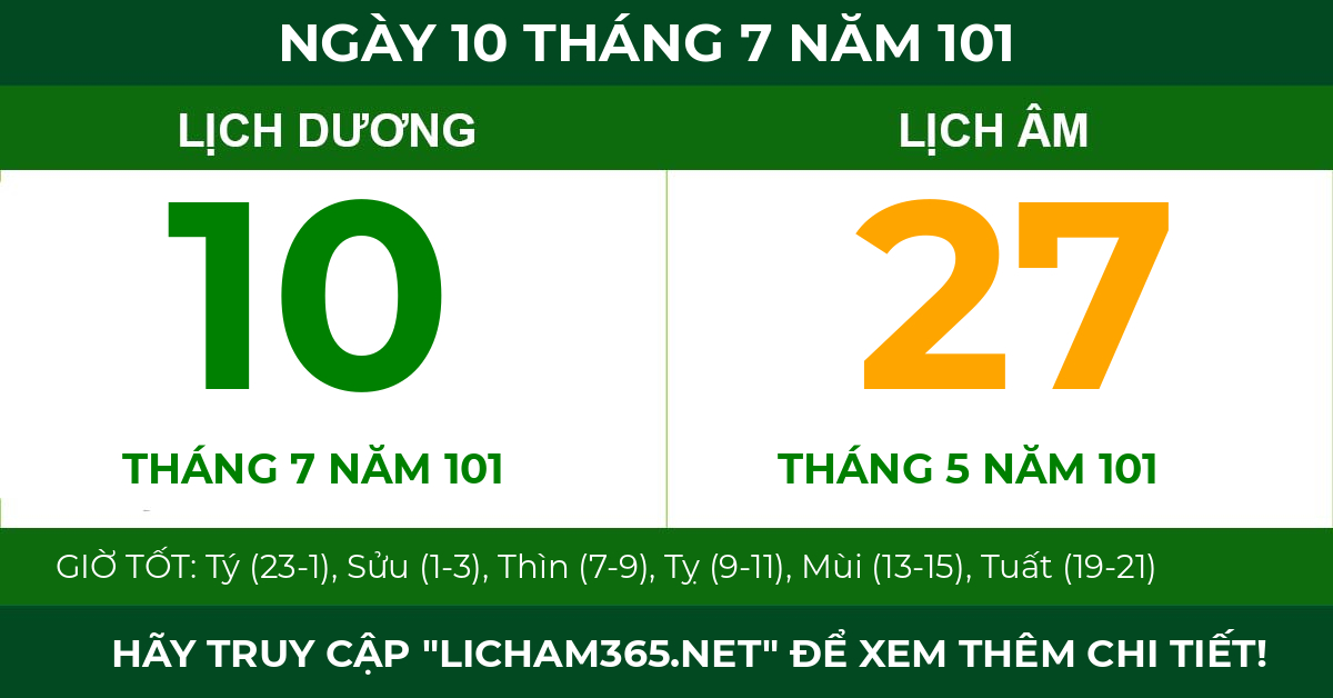 lịch âm ngày 10 tháng 7 năm 101