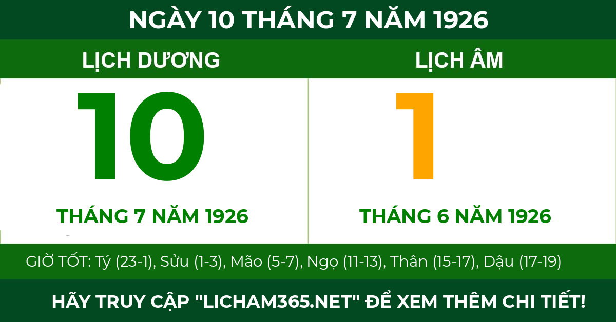 lịch âm ngày 10 tháng 7 năm 1926
