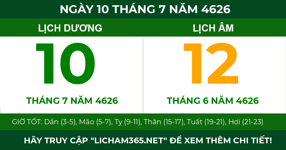 lịch âm ngày 10 tháng 7 năm 4626