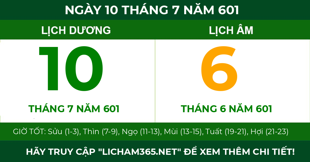 lịch âm ngày 10 tháng 7 năm 601