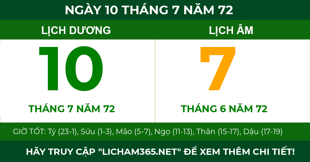 lịch âm ngày 10 tháng 7 năm 72