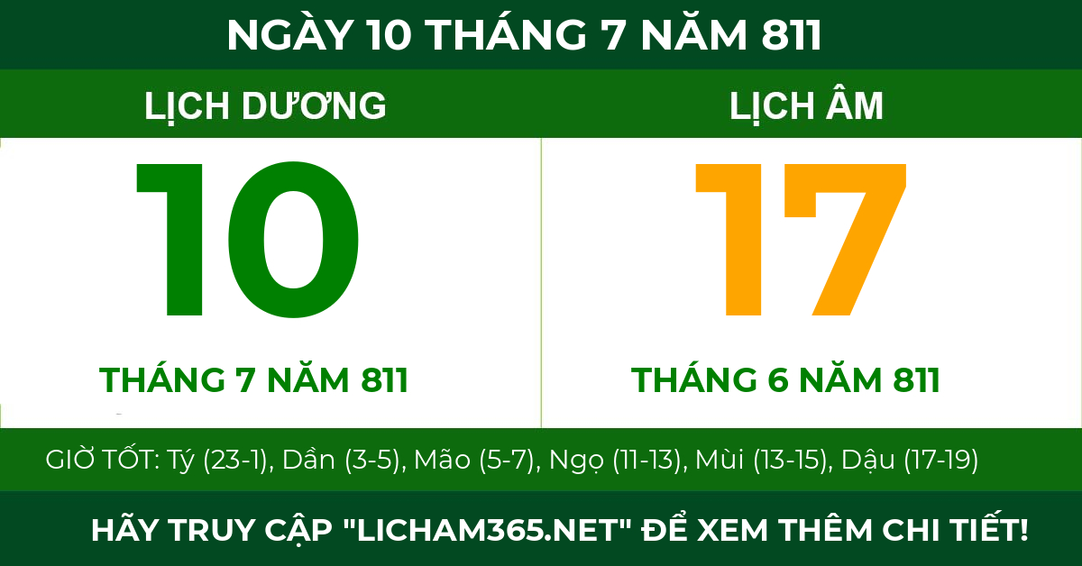 lịch âm ngày 10 tháng 7 năm 811