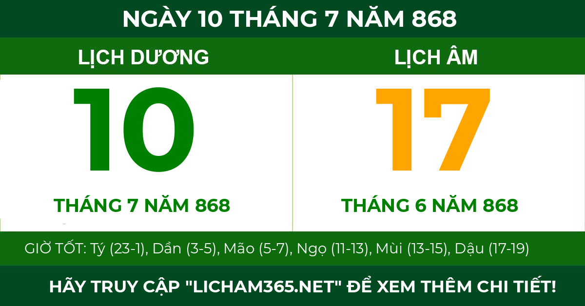 lịch âm ngày 10 tháng 7 năm 868