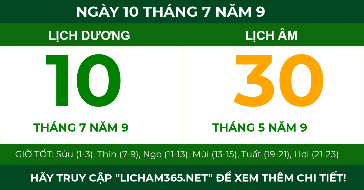 lịch âm ngày 10 tháng 7 năm 9