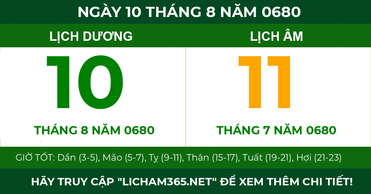 lịch âm ngày 10 tháng 8 năm 0680