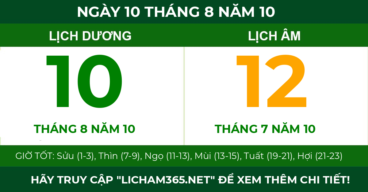 lịch âm ngày 10 tháng 8 năm 10