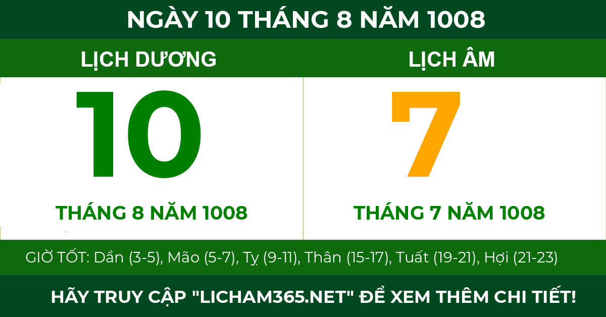 lịch âm ngày 10 tháng 8 năm 1008