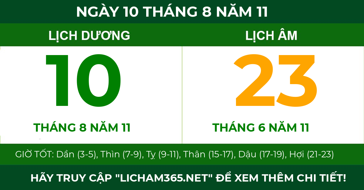 lịch âm ngày 10 tháng 8 năm 11