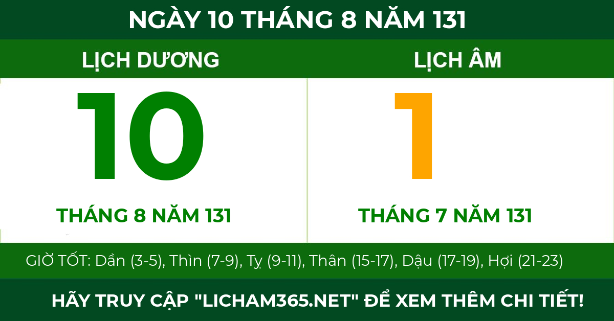 lịch âm ngày 10 tháng 8 năm 131