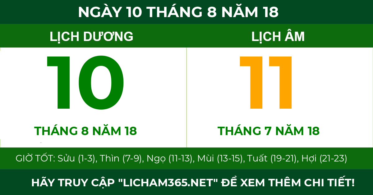 lịch âm ngày 10 tháng 8 năm 18