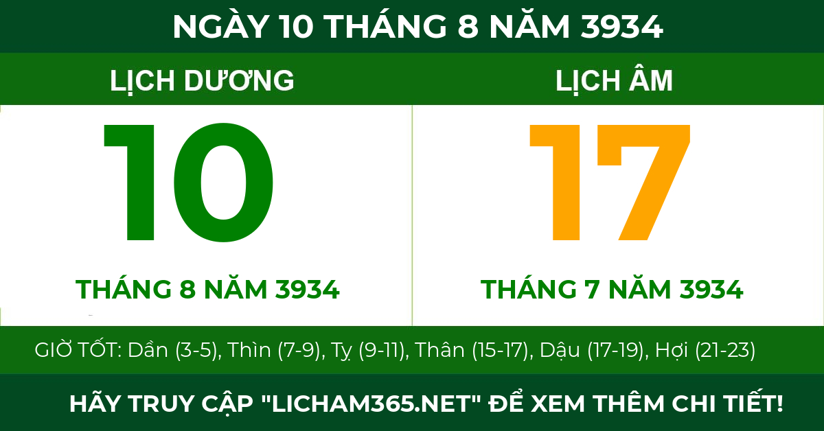 lịch âm ngày 10 tháng 8 năm 3934