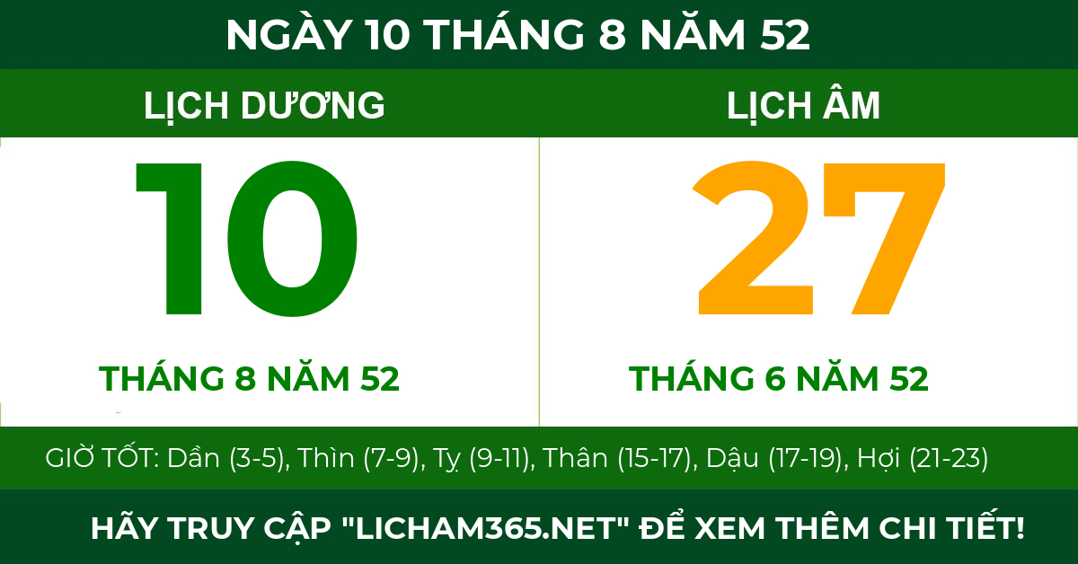 lịch âm ngày 10 tháng 8 năm 52