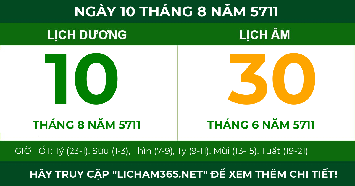 lịch âm ngày 10 tháng 8 năm 5711