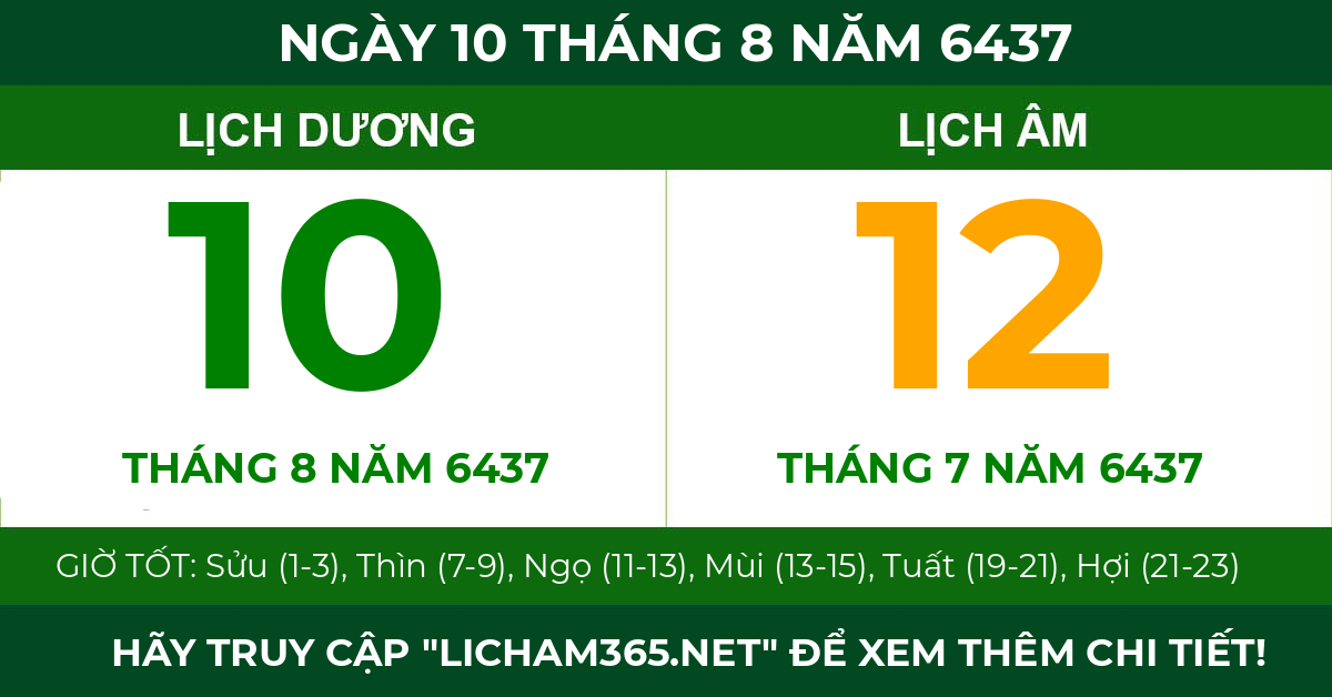 lịch âm ngày 10 tháng 8 năm 6437