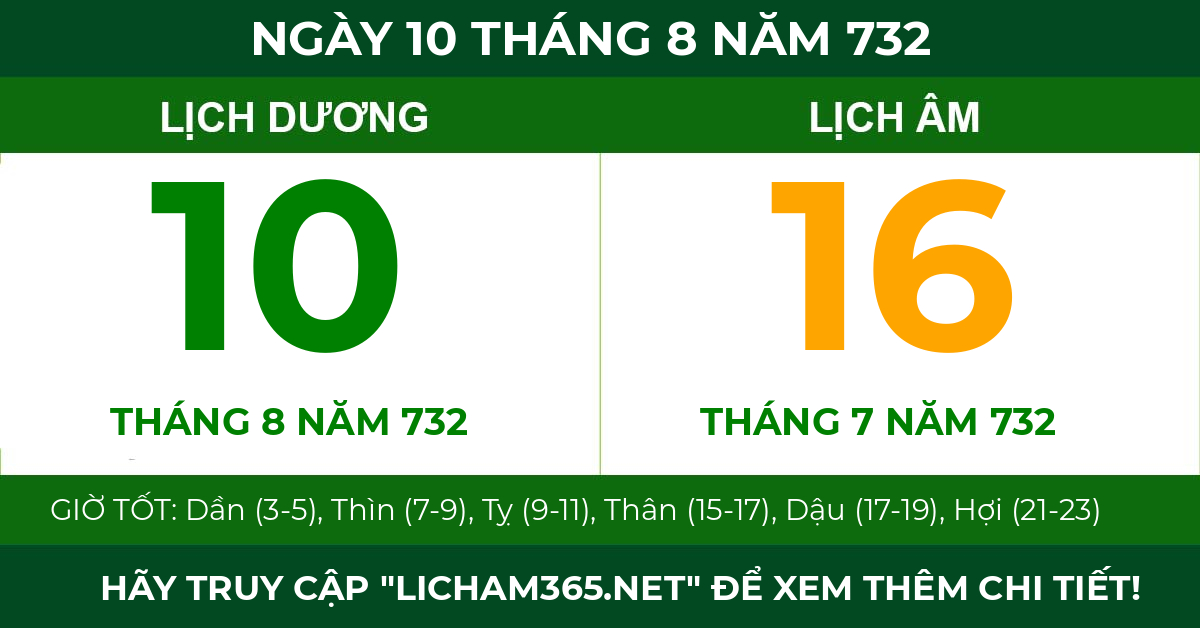lịch âm ngày 10 tháng 8 năm 732