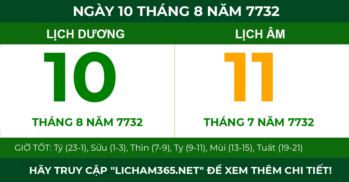 lịch âm ngày 10 tháng 8 năm 7732