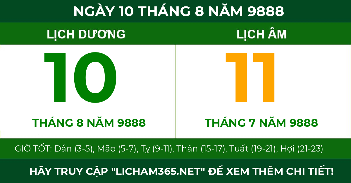 lịch âm ngày 10 tháng 8 năm 9888