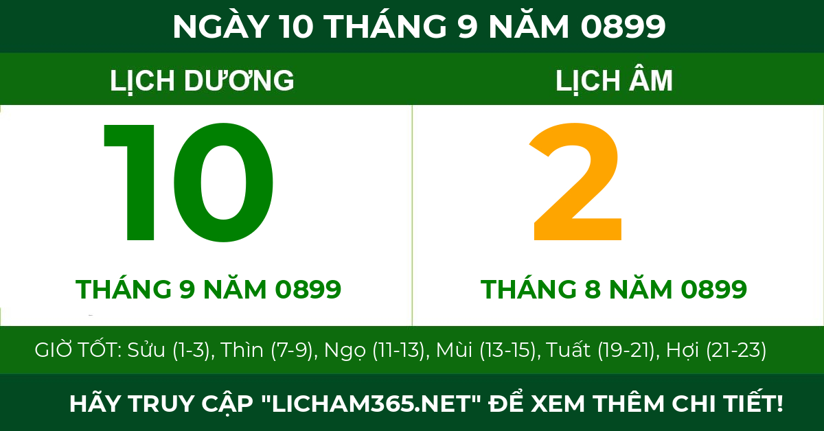 lịch âm ngày 10 tháng 9 năm 0899