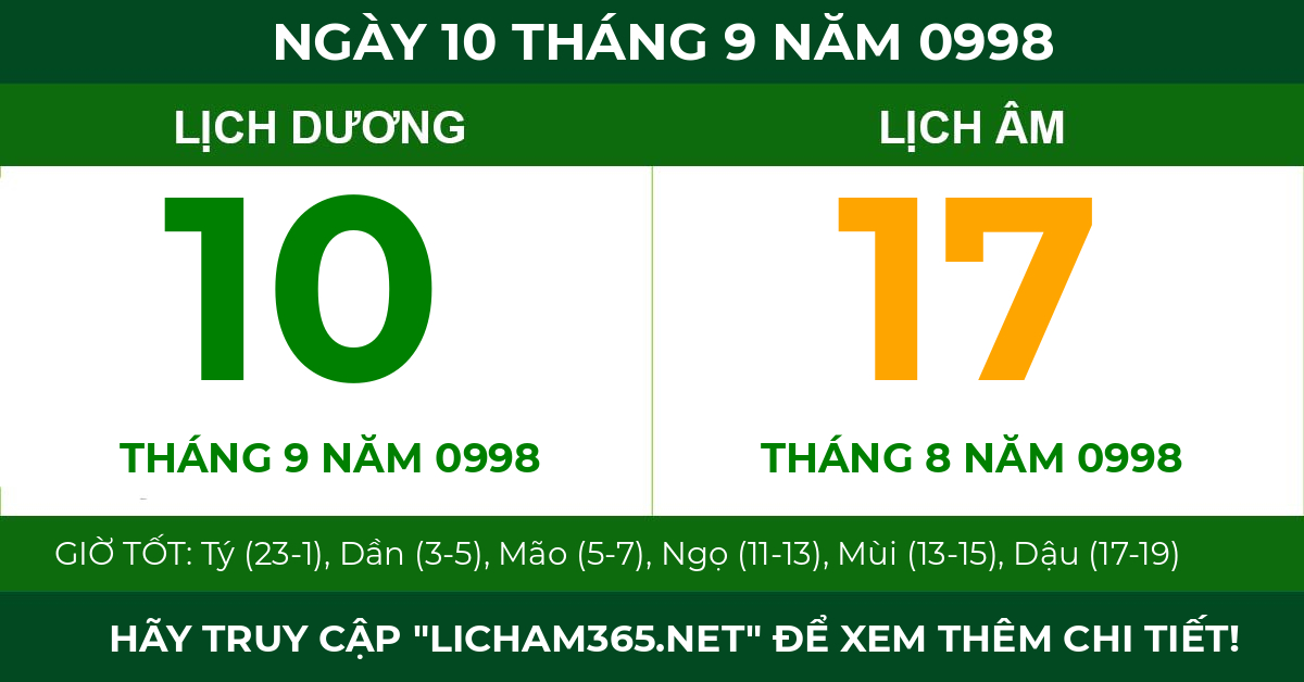 lịch âm ngày 10 tháng 9 năm 0998