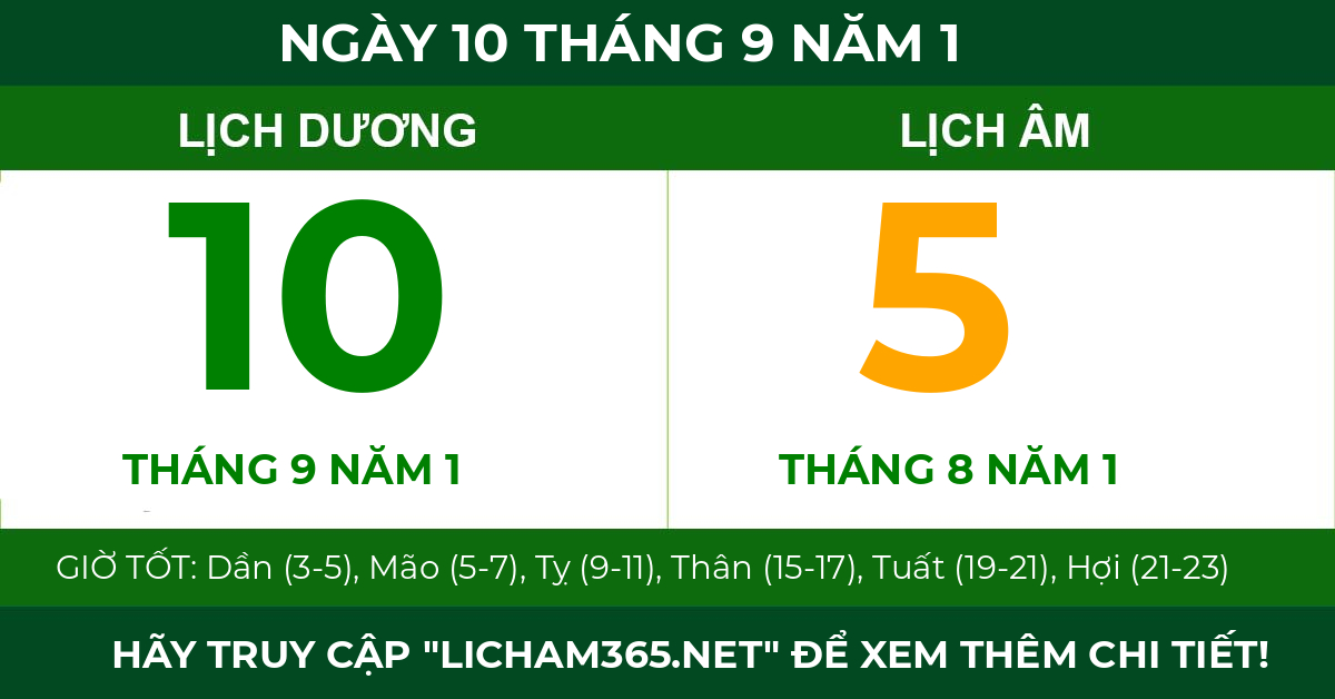 lịch âm ngày 10 tháng 9 năm 1
