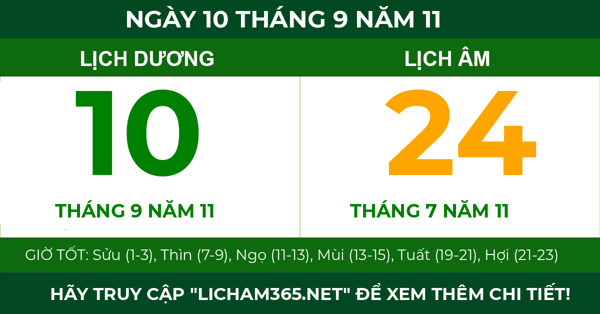 lịch âm ngày 10 tháng 9 năm 11