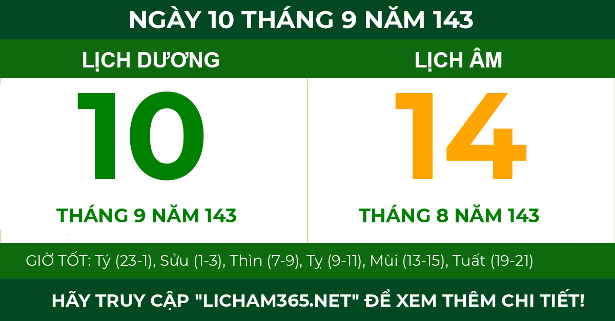 lịch âm ngày 10 tháng 9 năm 143