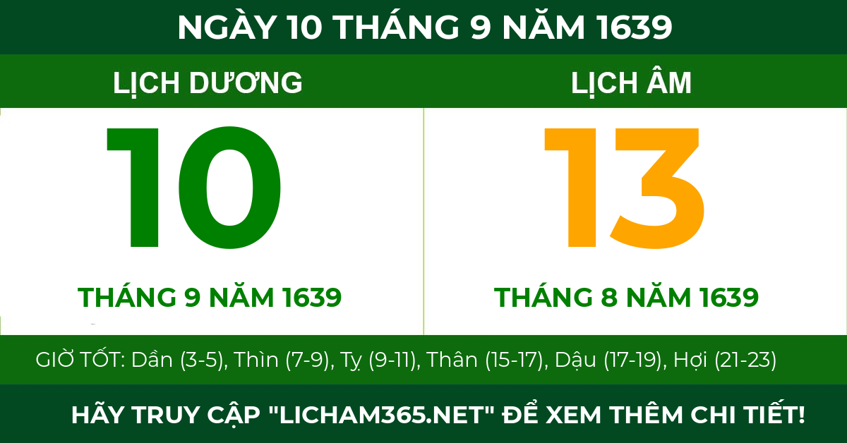 lịch âm ngày 10 tháng 9 năm 1639