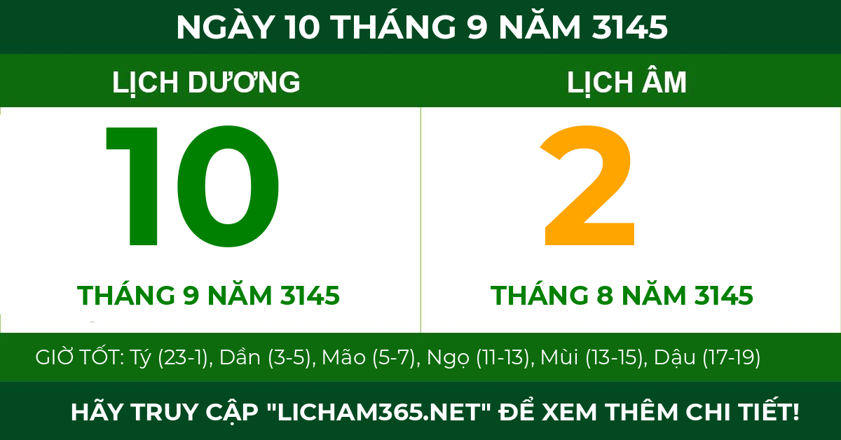 lịch âm ngày 10 tháng 9 năm 3145