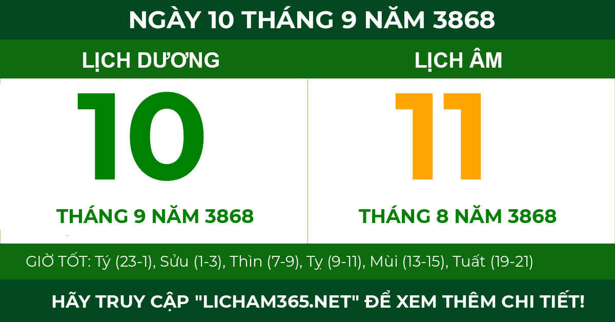 lịch âm ngày 10 tháng 9 năm 3868
