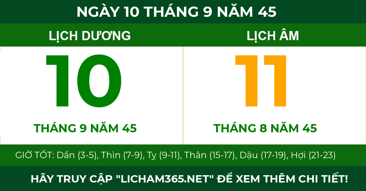 lịch âm ngày 10 tháng 9 năm 45