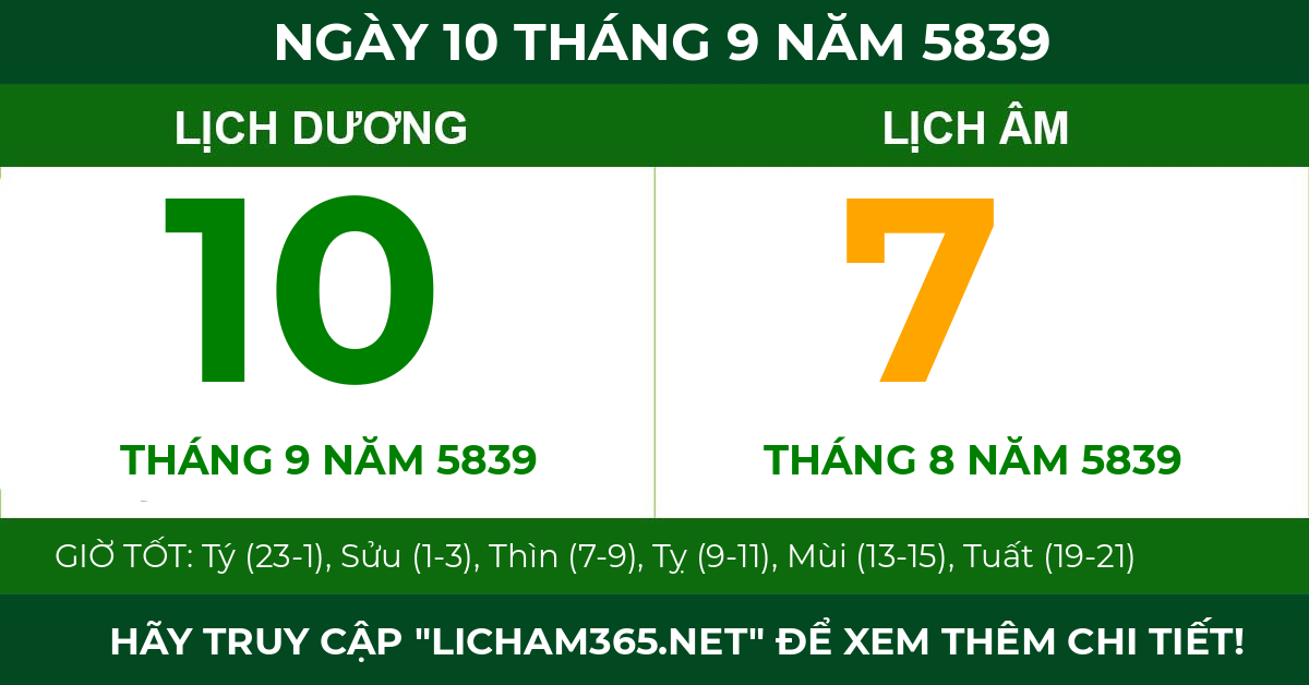 lịch âm ngày 10 tháng 9 năm 5839