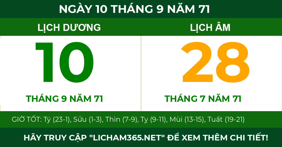 lịch âm ngày 10 tháng 9 năm 71