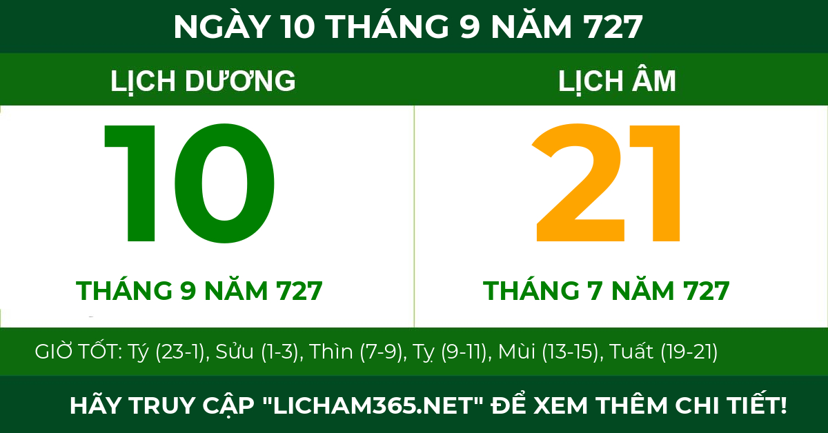 lịch âm ngày 10 tháng 9 năm 727