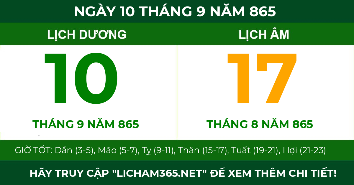 lịch âm ngày 10 tháng 9 năm 865