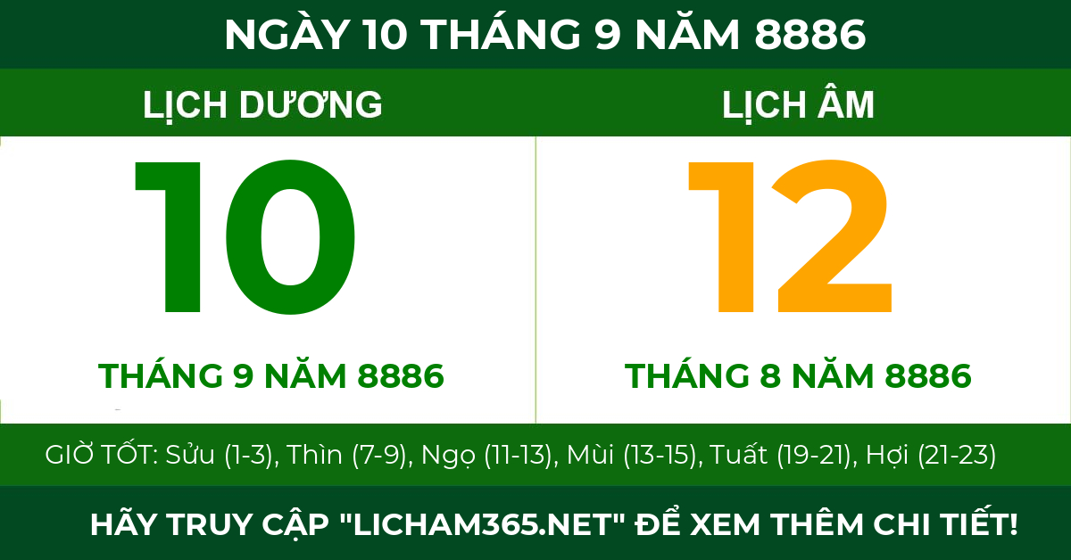 lịch âm ngày 10 tháng 9 năm 8886