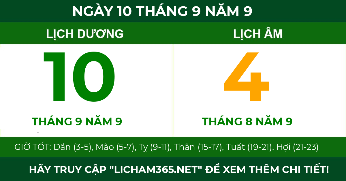 lịch âm ngày 10 tháng 9 năm 9