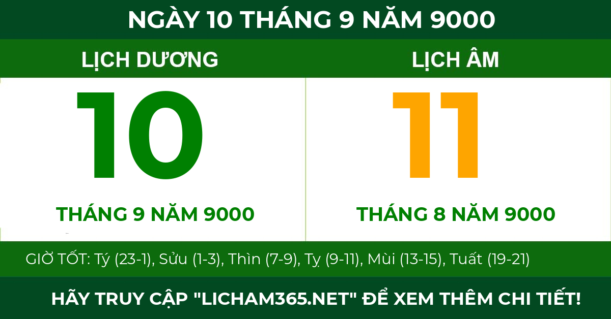 lịch âm ngày 10 tháng 9 năm 9000