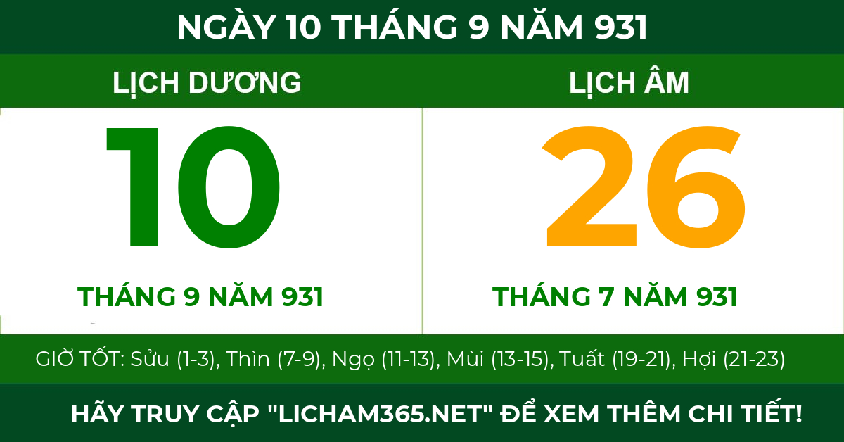 lịch âm ngày 10 tháng 9 năm 931