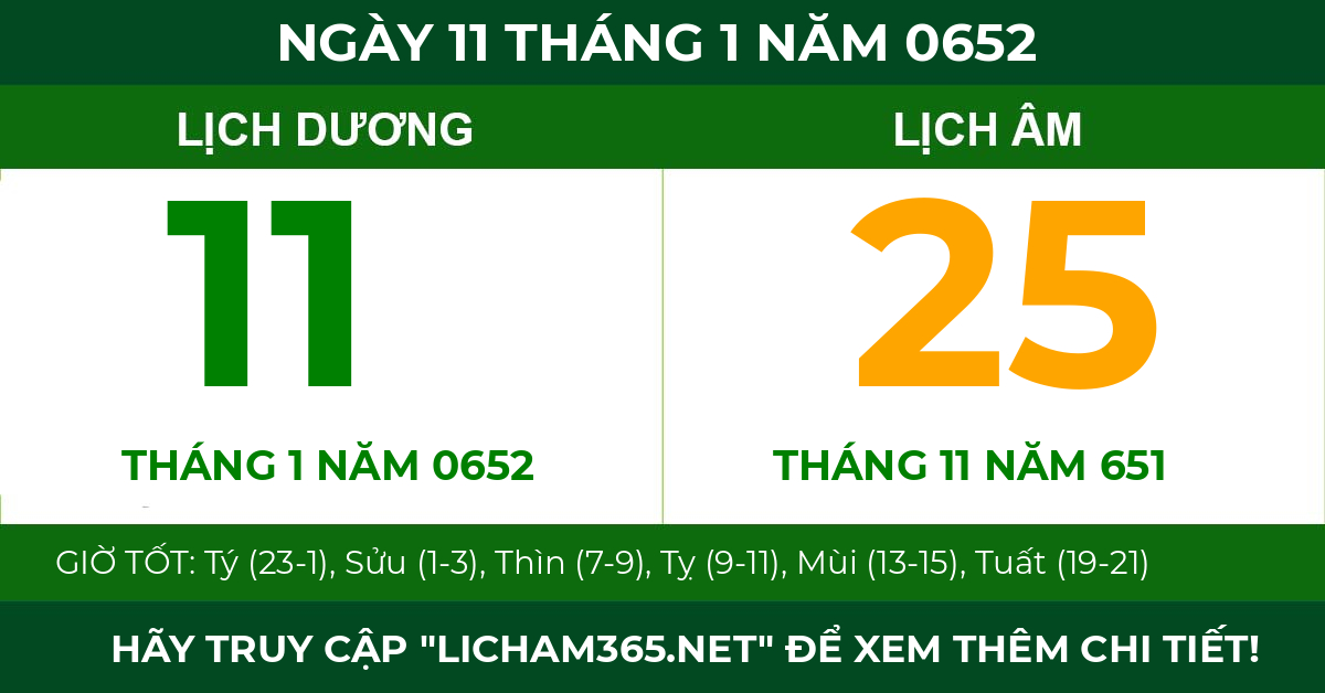 lịch âm ngày 11 tháng 1 năm 0652